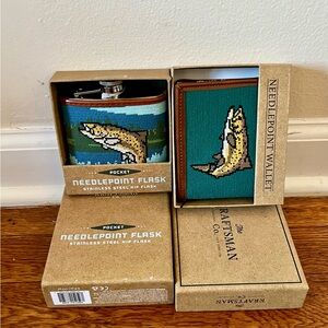 Needlepoint Flask and Wallet Set with Fish Design